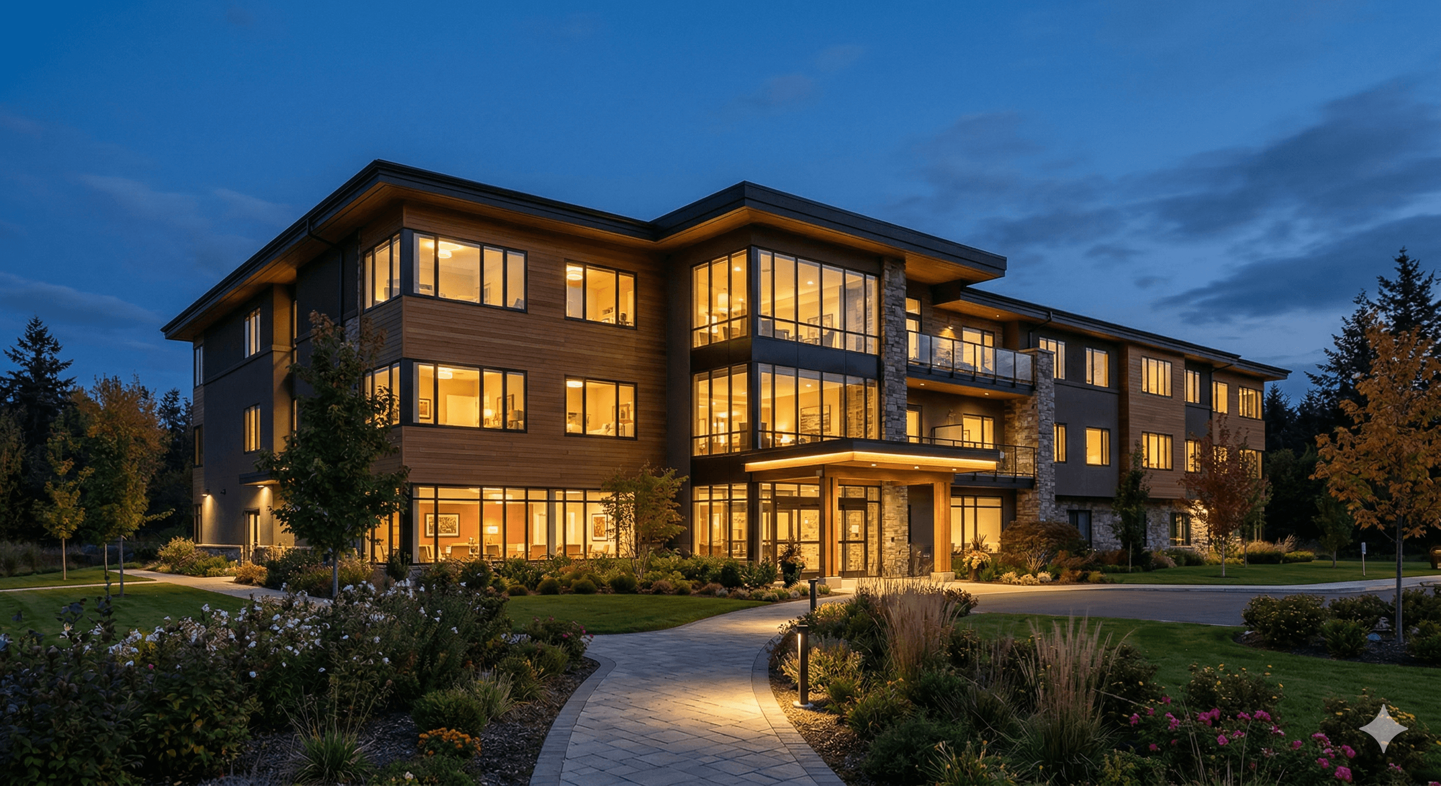 Modern assisted living facility at dusk with warm interior lights